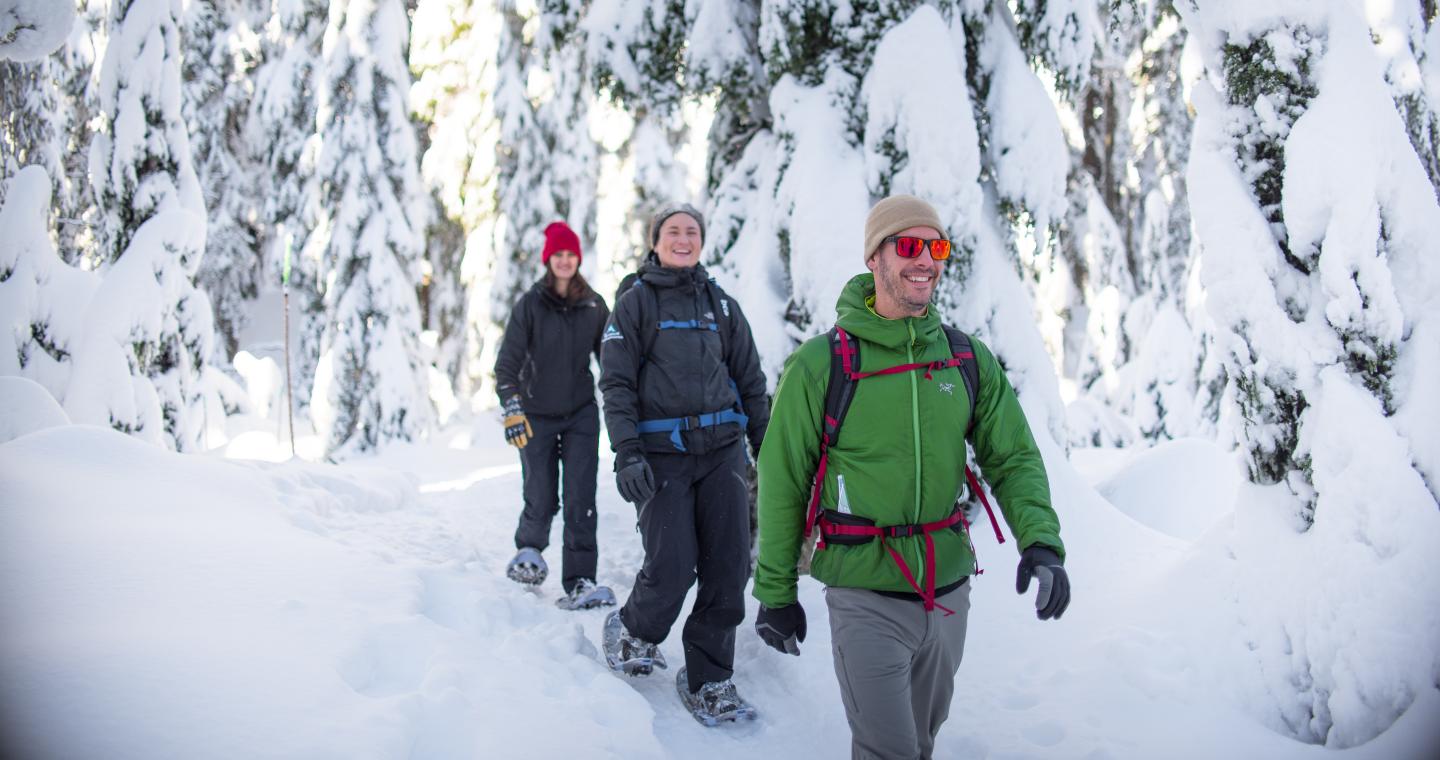 3 people snowshoeing in snow with snowy trees behind them