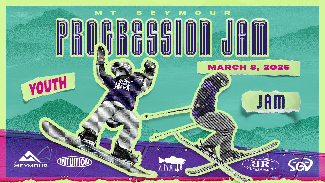 Snowboarders jumping mid-air against a colorful background, March 5, 2023, event info.