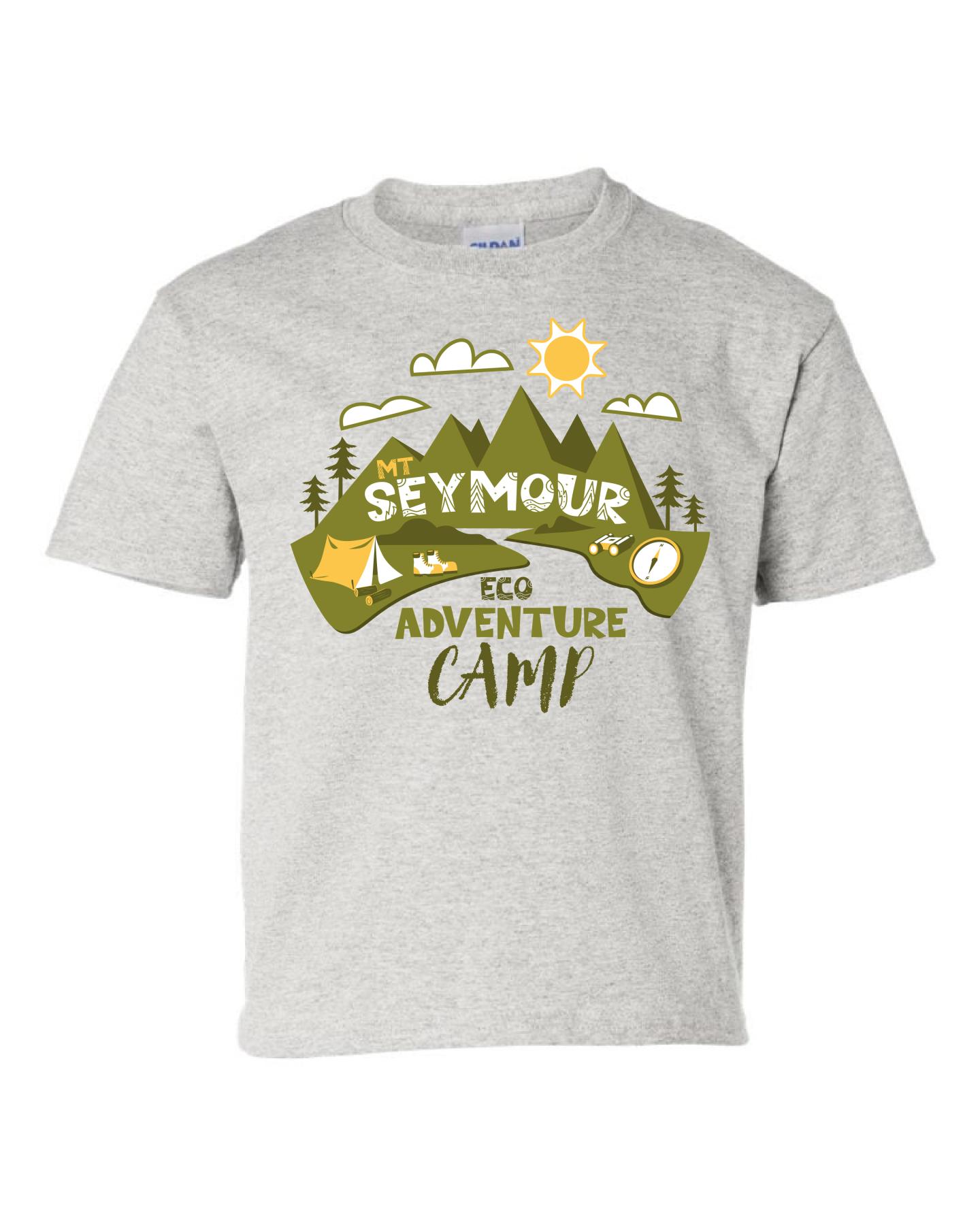 Gray T-shirt with camp logo featuring mountains, trees, and a sun.