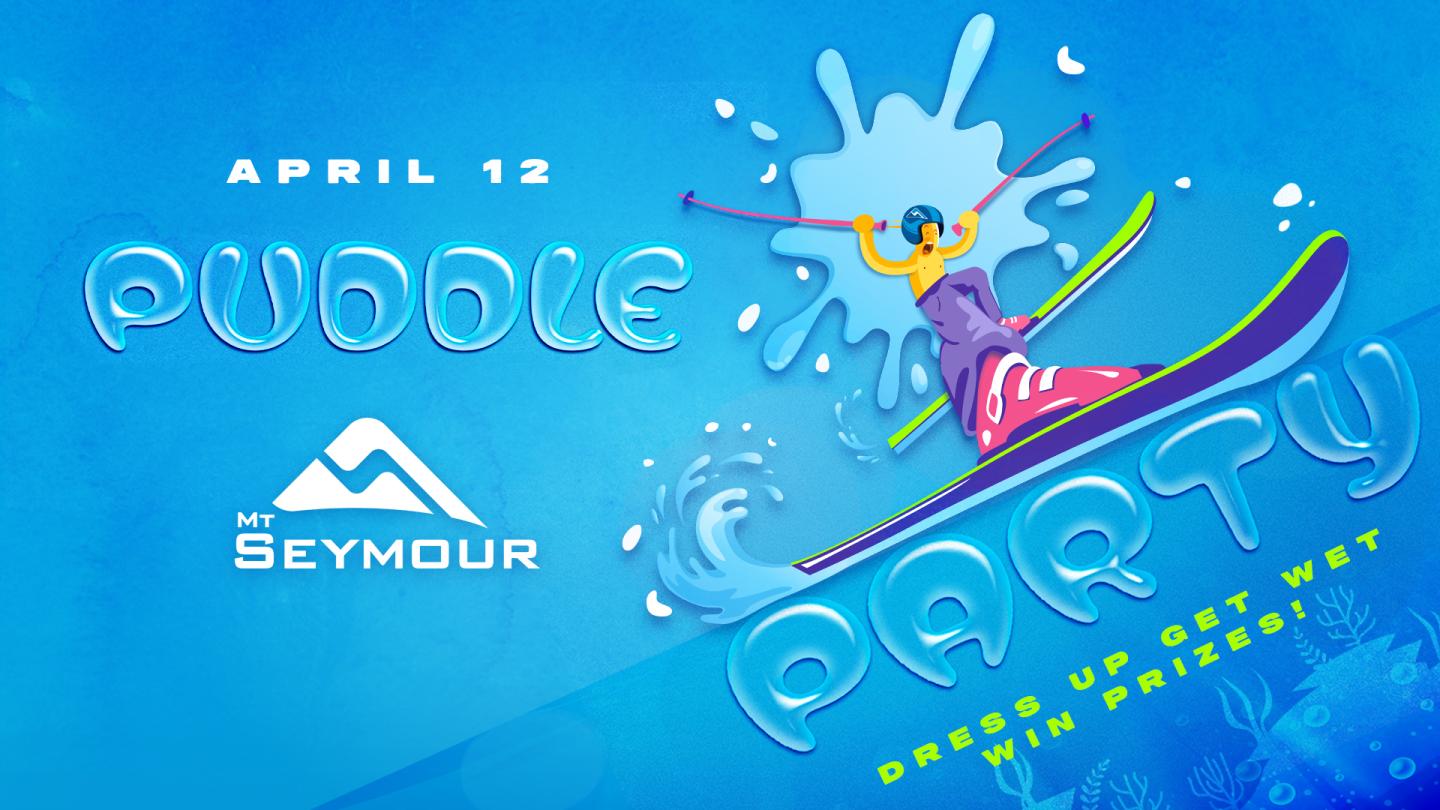 Colorful ski event poster with skier splashing, blue background.