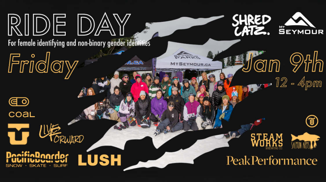 Group of snowboarders posing on snowy ground with a black and white background.