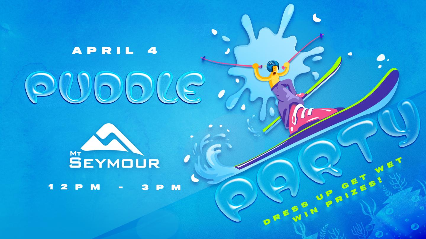 Bright graphic of a skier splashing in water on a vibrant blue background.
