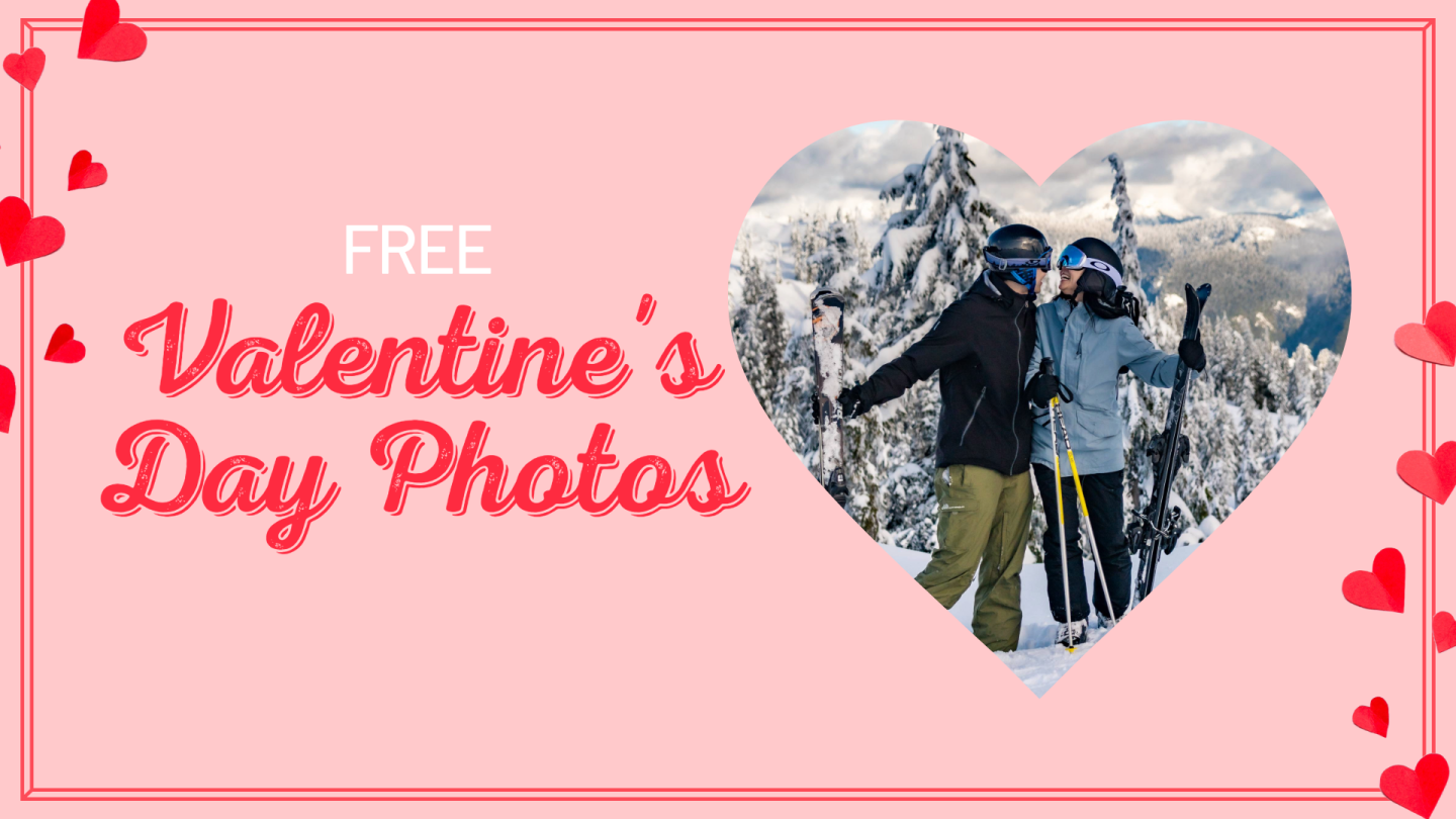 Couple skiing in heart frame with red heart border.
