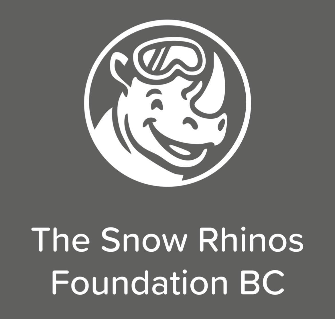 Snow Rhinos Foundation BC logo, rhino with goggles on gray background.