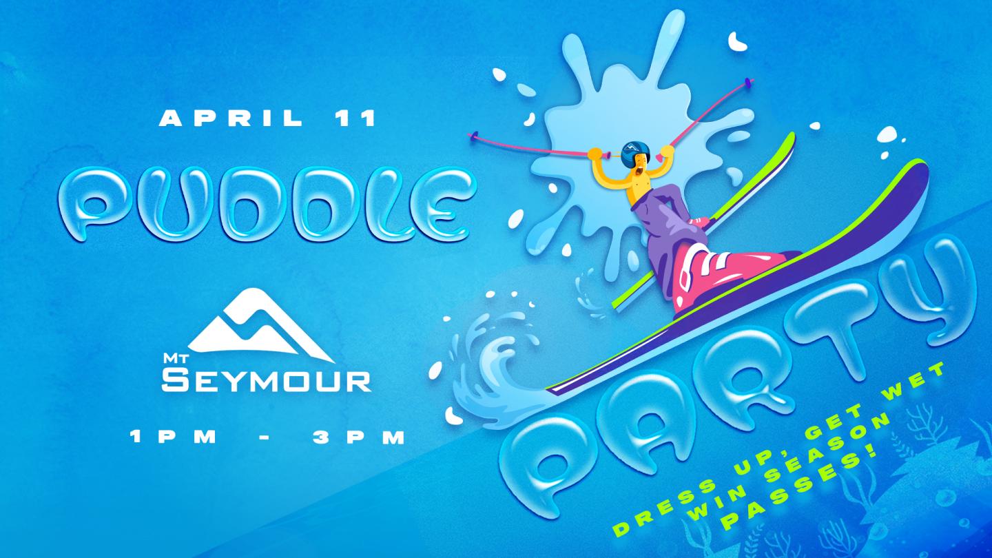 Blue graphic of a skier splashing through water at a party.