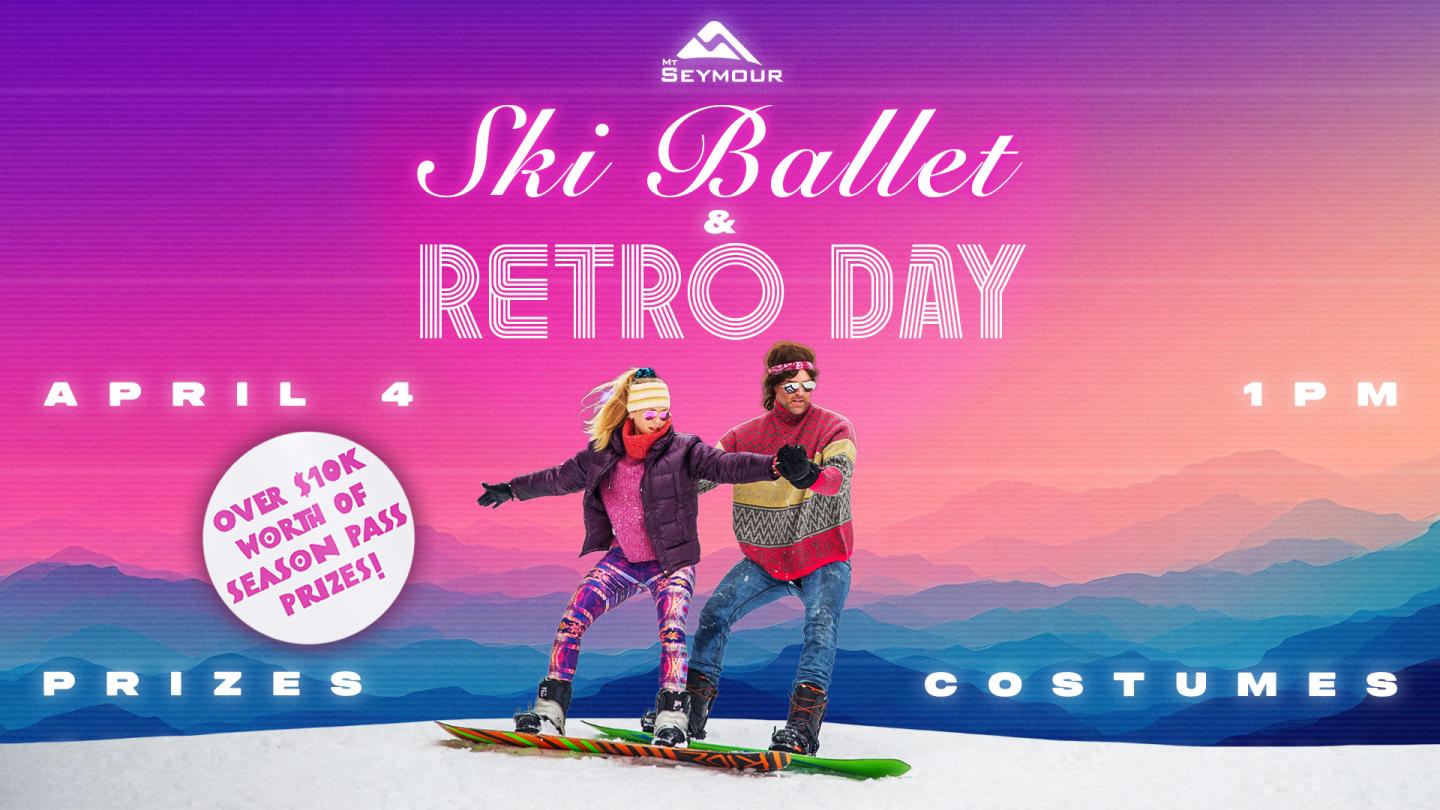 Skiers in retro outfits on a snowy mountain with a colorful sky.