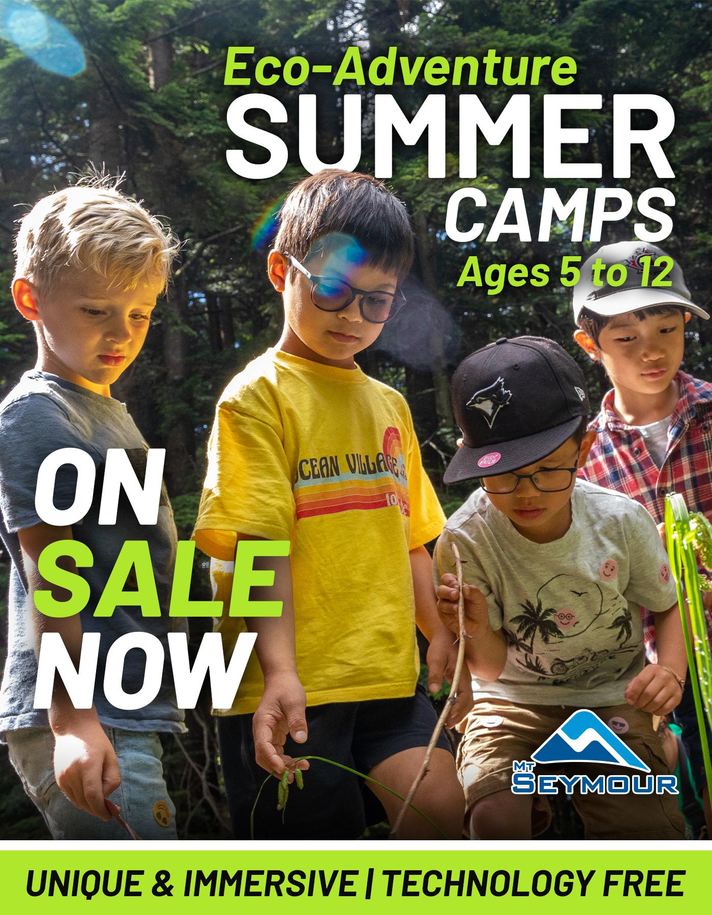 Children explore outdoors at a summer camp, surrounded by greenery.