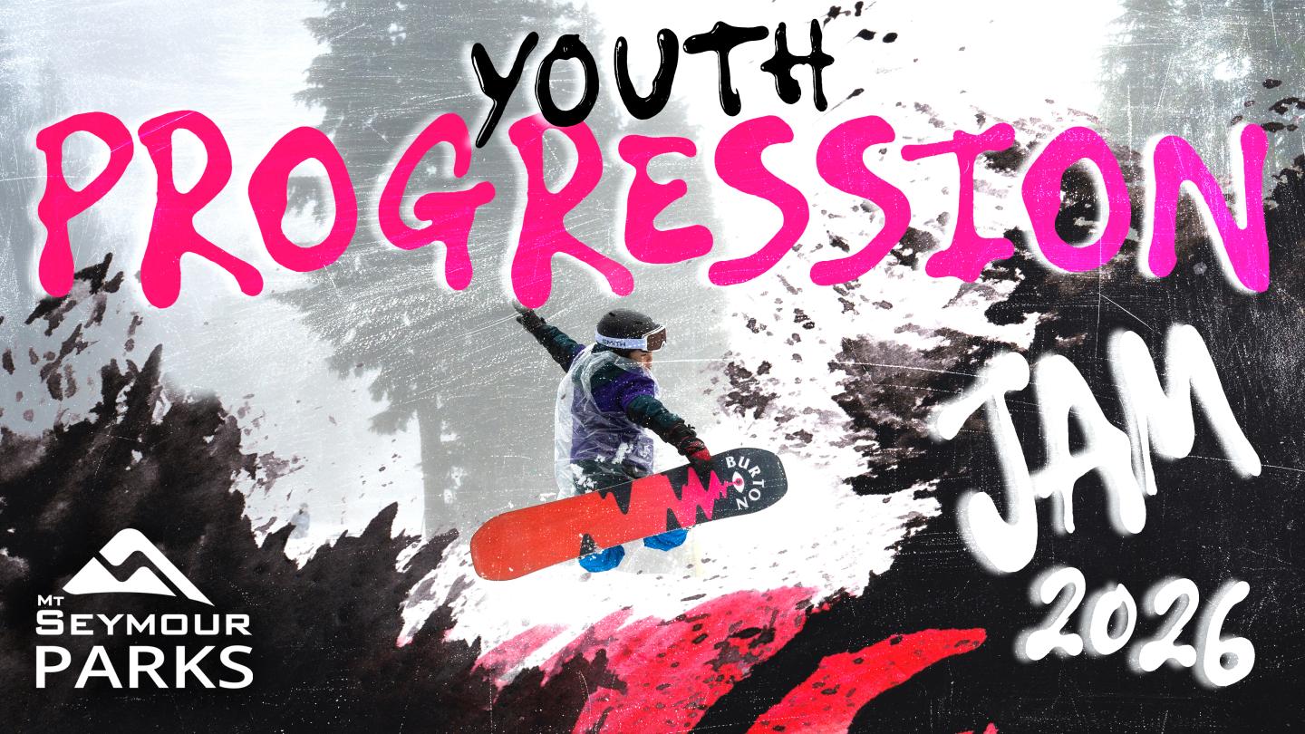 Snowboarder mid-jump in snowy forest with vivid text overlay.