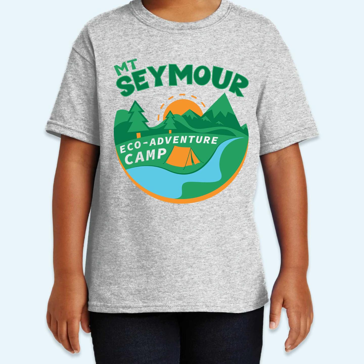 Gray t-shirt with Mt Seymour Eco-Adventure Camp logo featuring mountains and a tent.