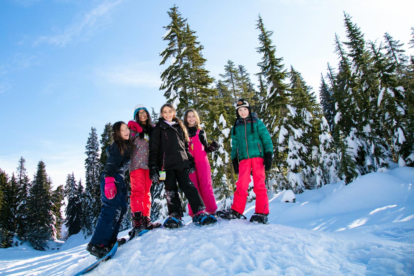 Group of people in winter clothing standing on snow, with pine trees and blue sky.