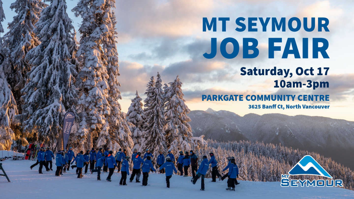 Skiers gather at Mt Seymour Job Fair, Saturday Oct 17, against snowy mountains.