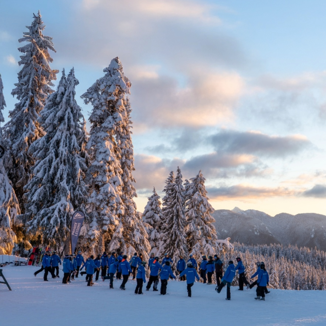 Group of skiers in blue jackets beneath snow-covered pine trees at sunset.
